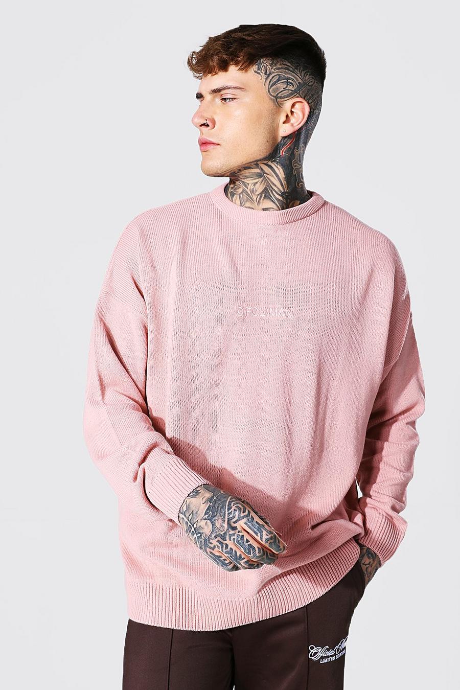 Pale pink Ofcl MAN Oversize stickad tröja med brodyr image number 1