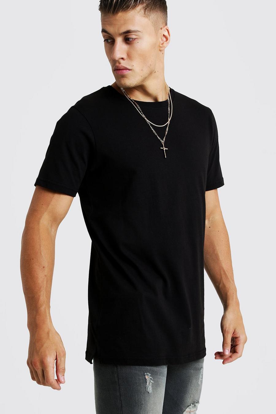 Black Basic t-shirt i lång modell med slitsad fåll image number 1