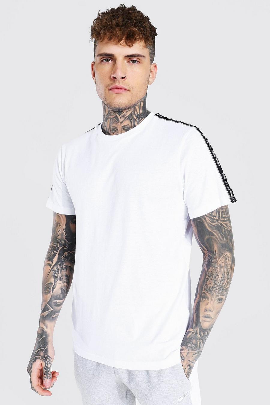 White Slim Fit Worldwide Tape Sleeve T-shirt image number 1