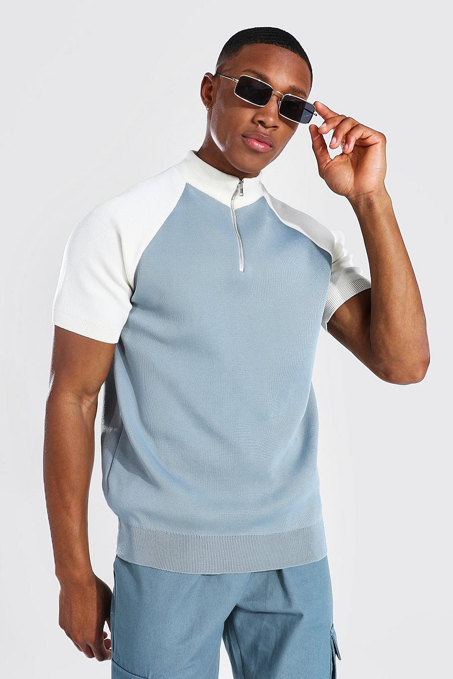 Blue Funnel Neck Colour Block Knitted T-shirt image number 1