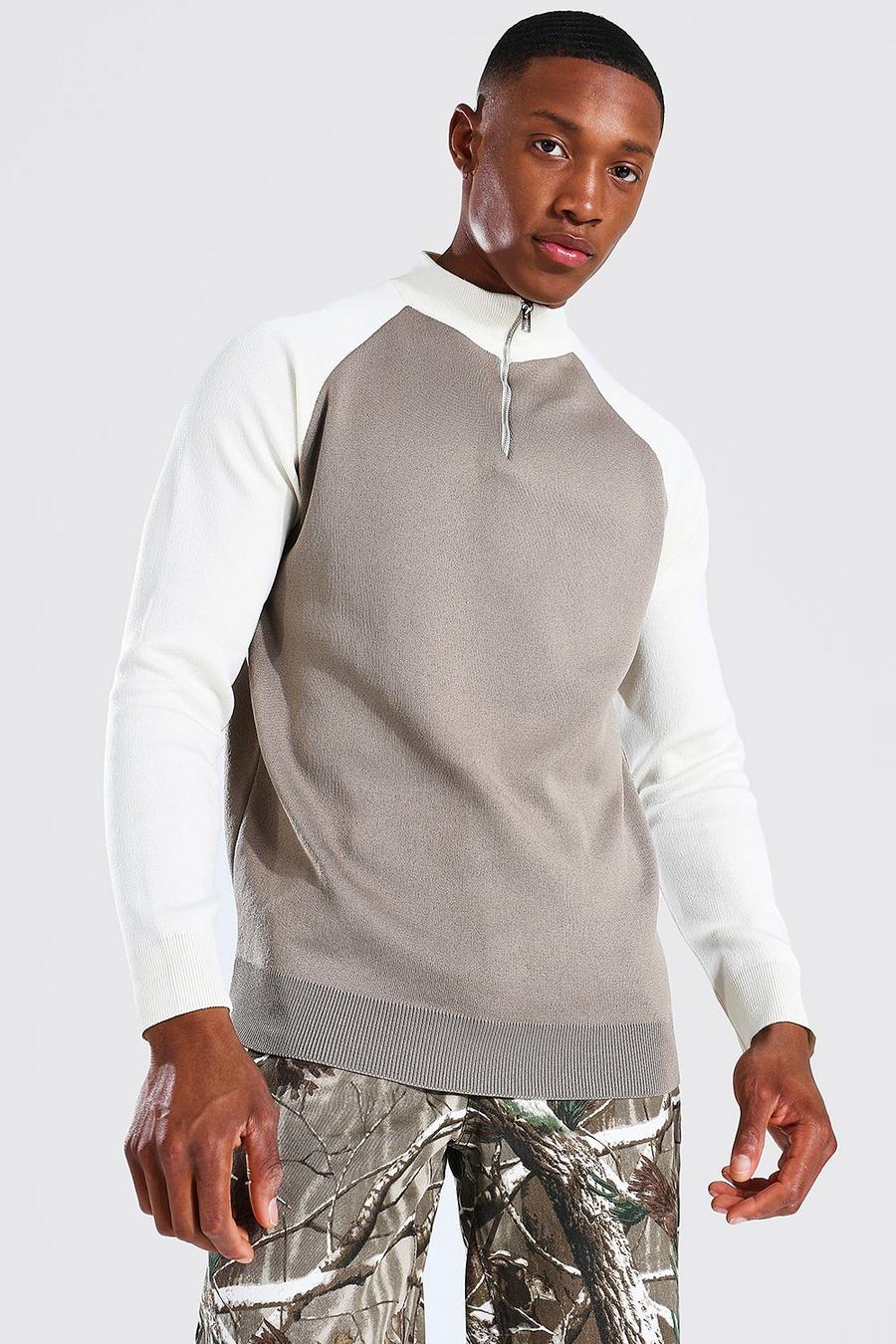 Stone Funnel Neck Raglan Colourblock Knitted Sweater image number 1