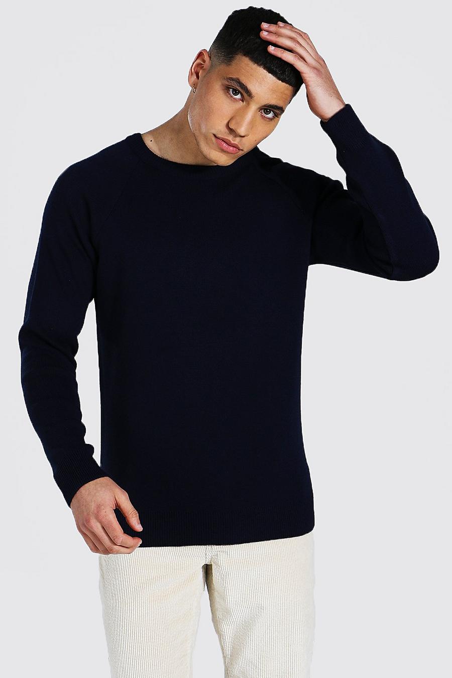 Navy Mixed Knit Crew Neck Jumper image number 1