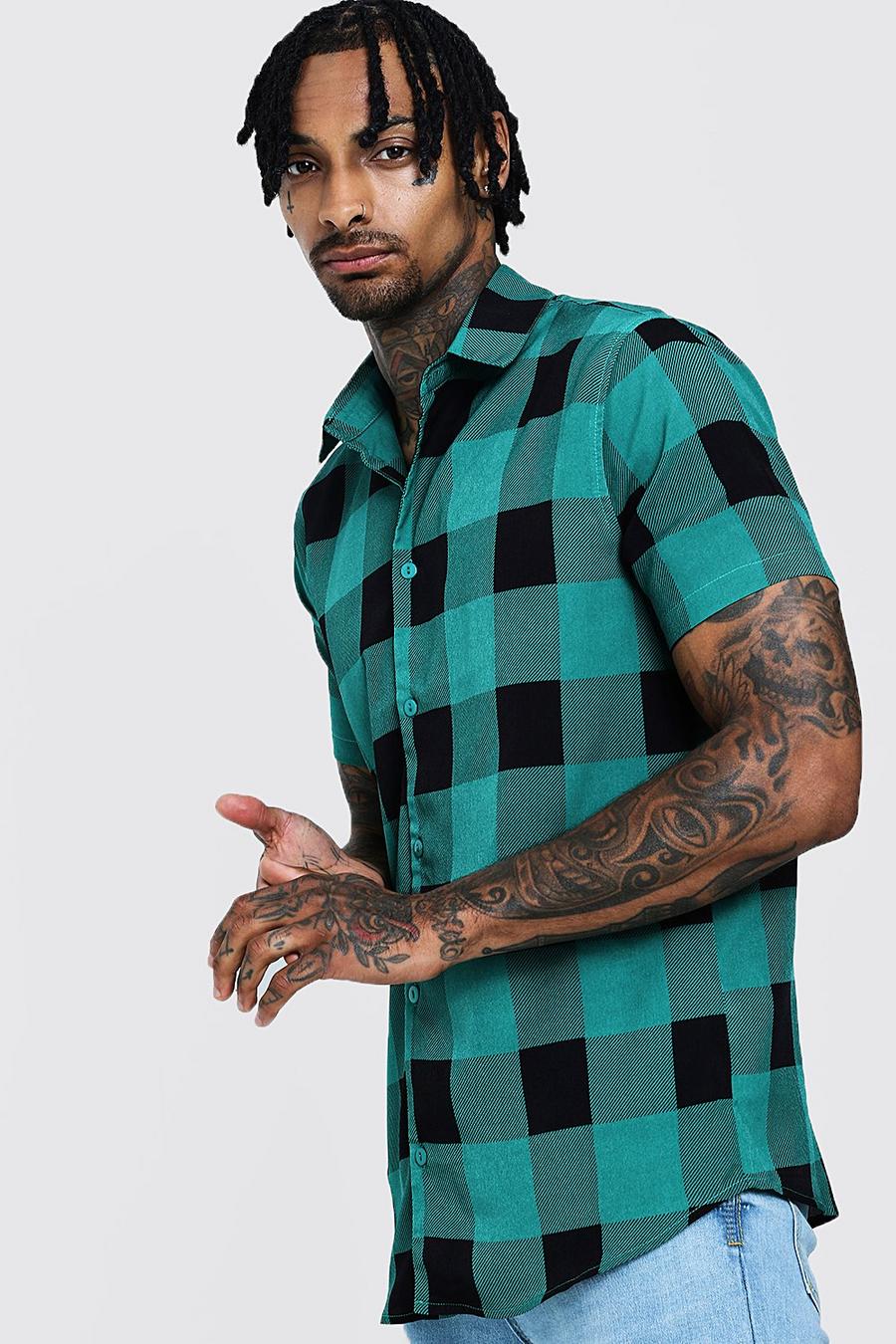 Camicia leggera a maniche corte con stampa a quadri, T-shirt a sezioni verde gerde image number 1