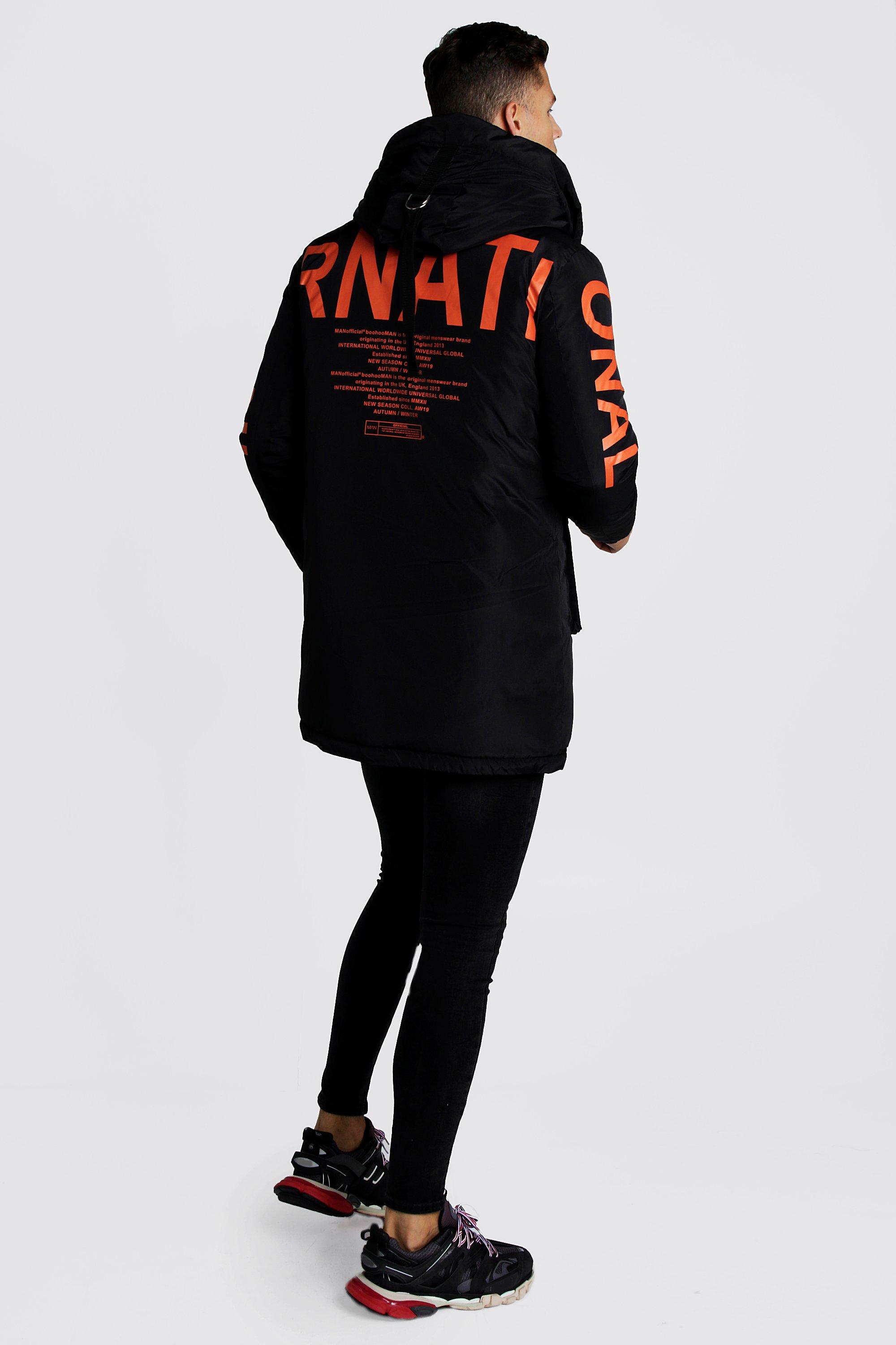Men s Parka With Back Print Boohoo UK
