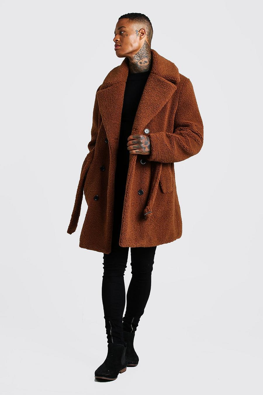 Brown Faux Fur Double Breasted Trench Coat image number 1