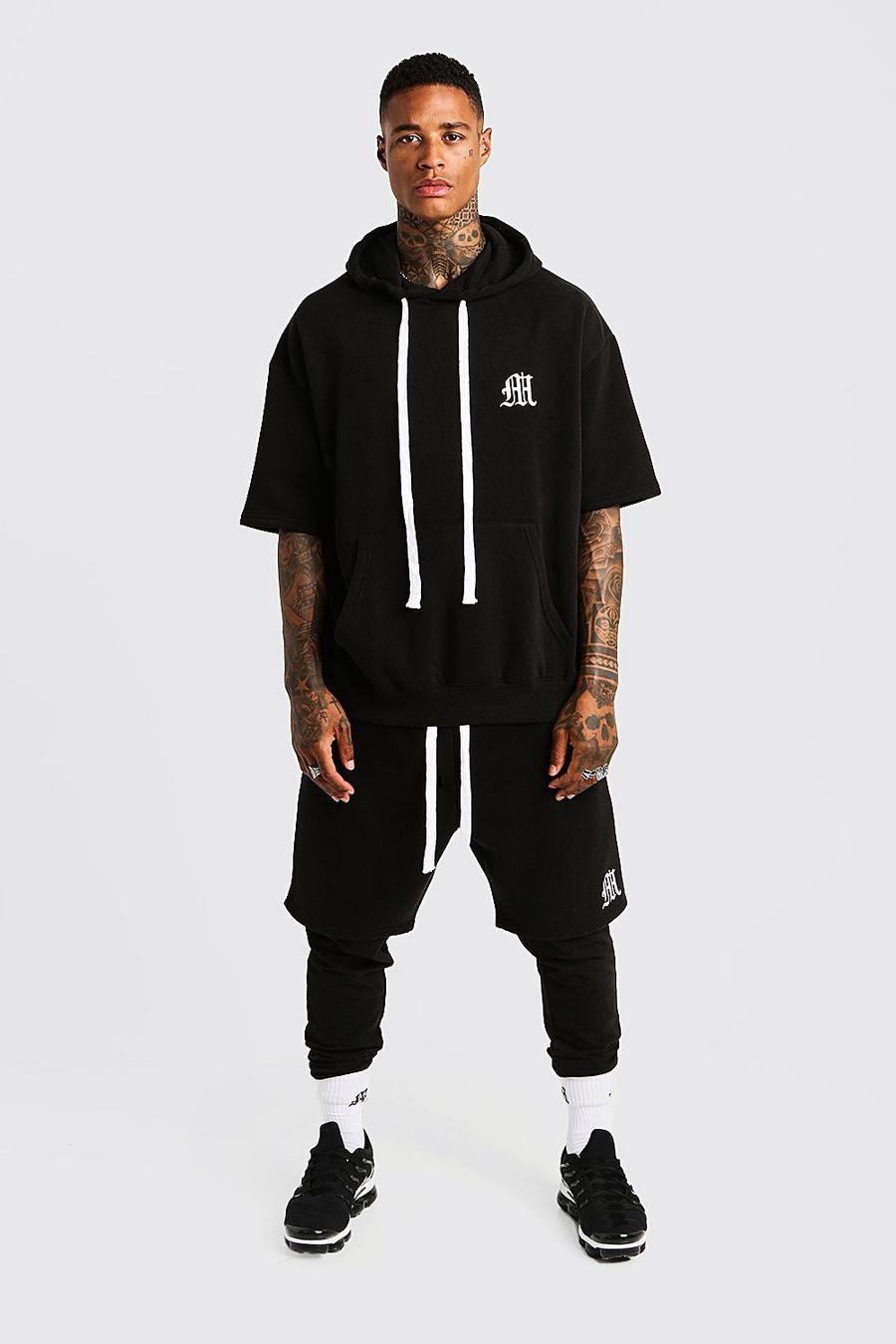 Black MAN Aesthetics Tjock hoodie i oversizemodell med trekvartslång ärm image number 1