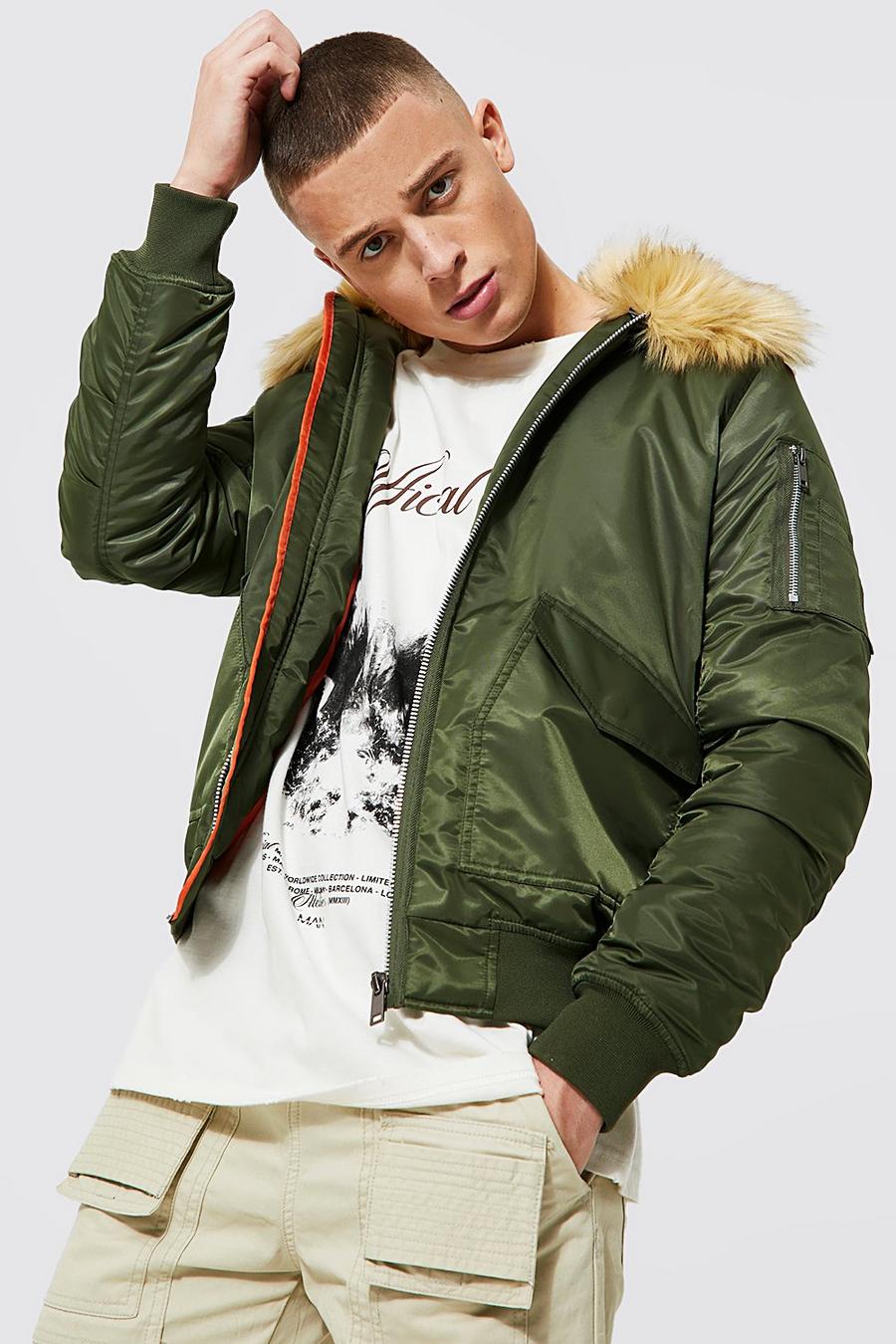 Khaki Padded MA1 Bomber With Faux Fur Collar image number 1