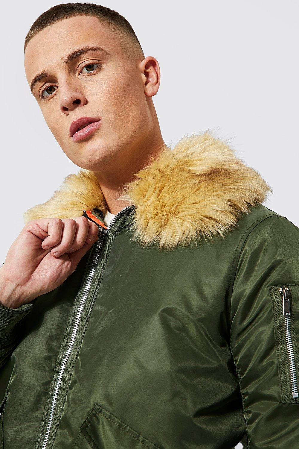 Mens green bomber jacket with fur collar hotsell