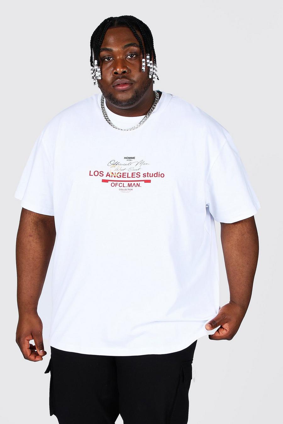 Plus Loose Fit T-Shirt mit verlängertem Kragen und LA-Print, Weiß image number 1