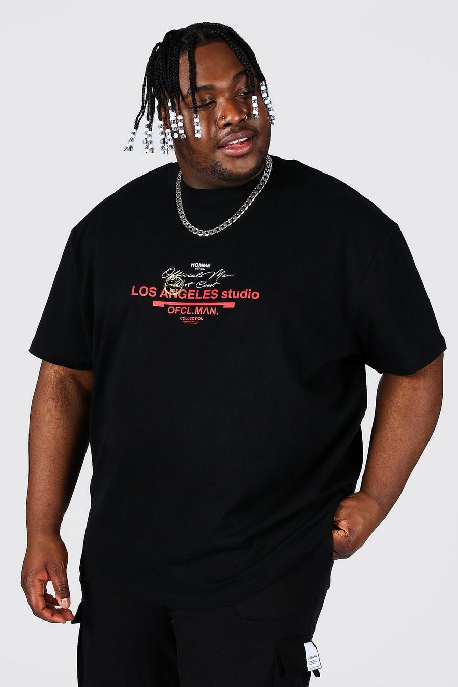 Plus Loose Fit T-Shirt mit verlängertem Kragen und LA-Print, Schwarz image number 1