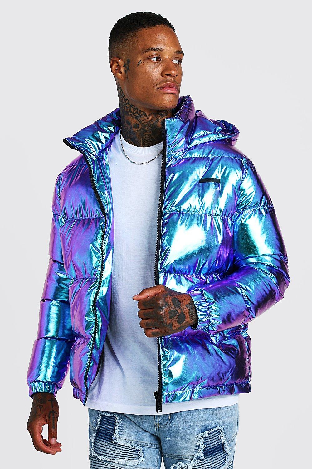 metallic puffer jacket with fur hood