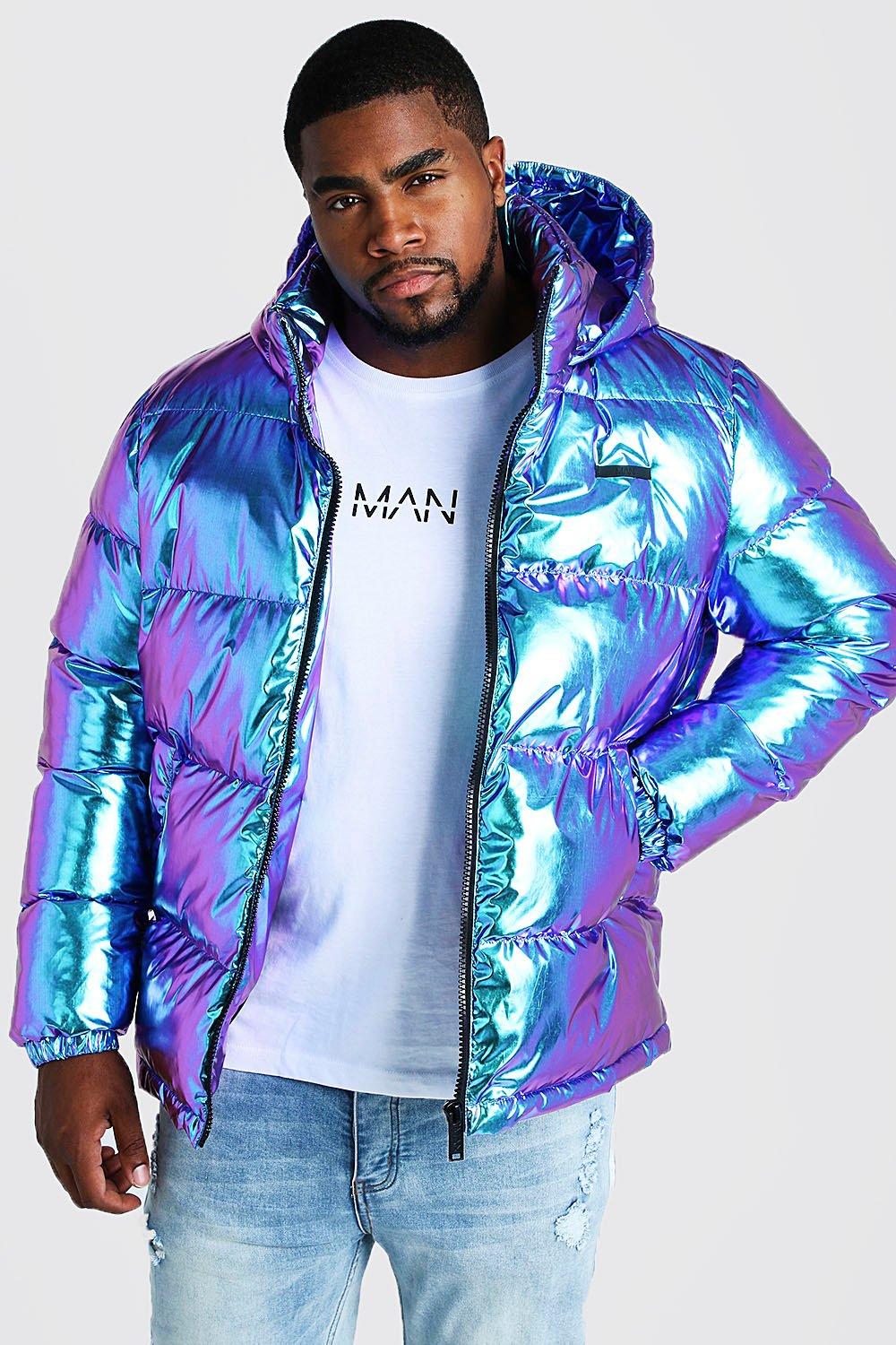 metallic puffer jacket with fur hood