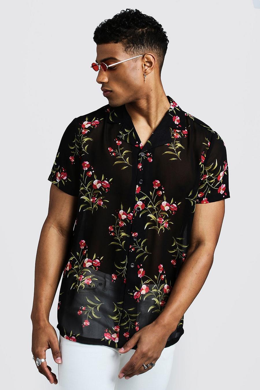 Camisa de manga corta con cuello de solapa y estampado floral semitransparente image number 1
