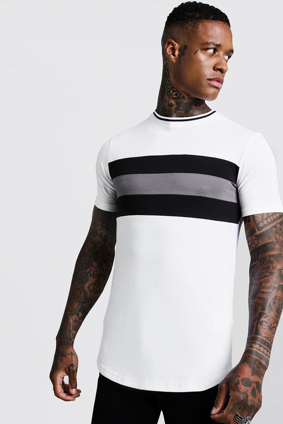 White Lång t-shirt med blockfärger i muscle fit image number 1