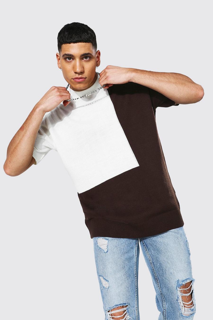 Chocolate Oversized Colour Block Knitted T-shirt image number 1