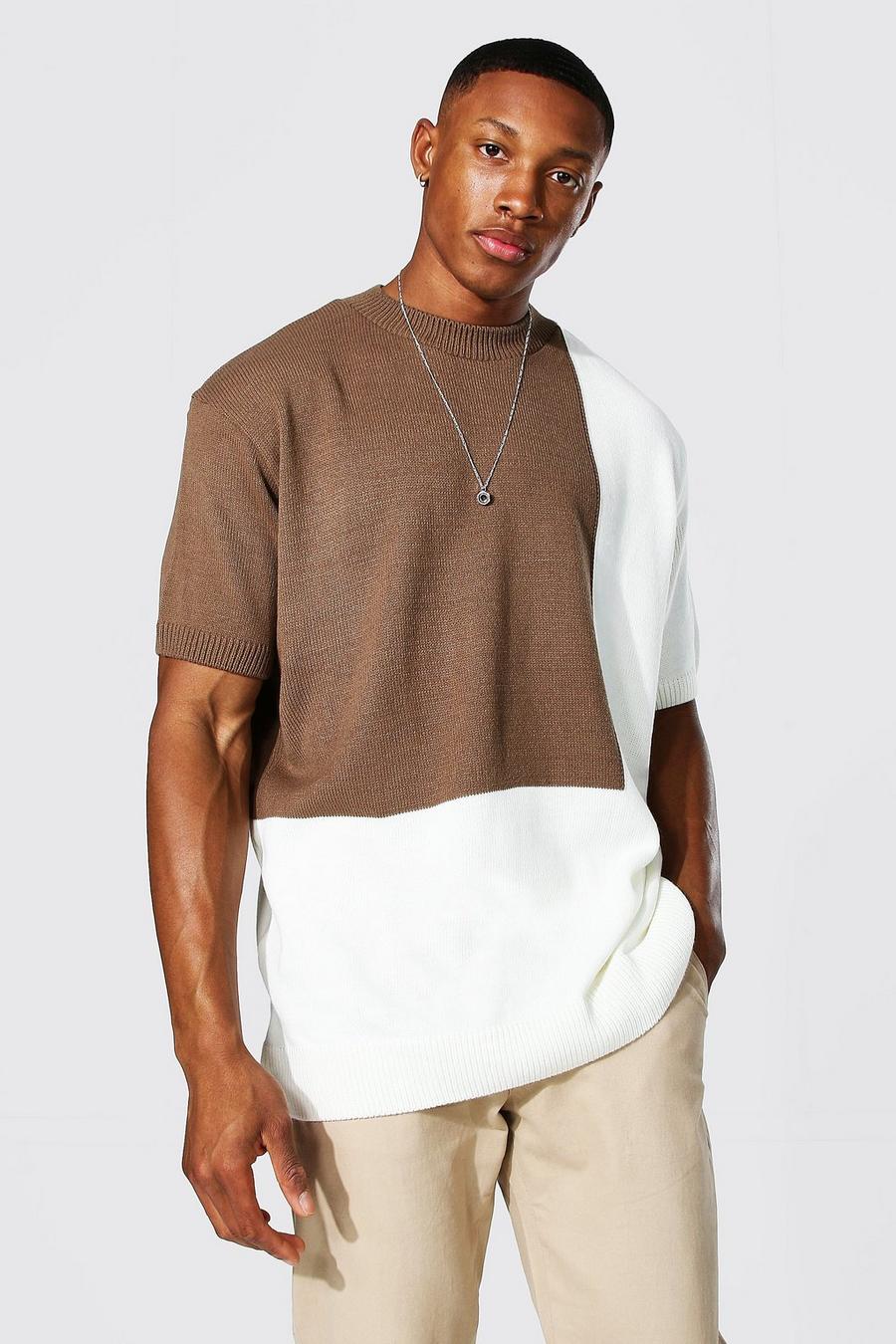 T-shirt oversize in maglia a blocchi di colore, Écru image number 1