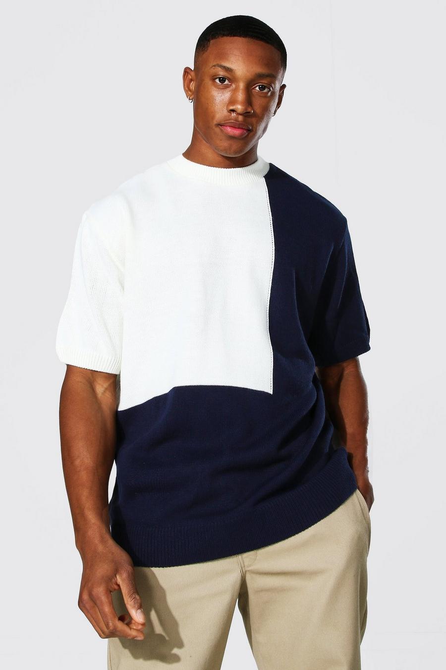 Blue Oversized Colour Block Knitted T-shirt image number 1