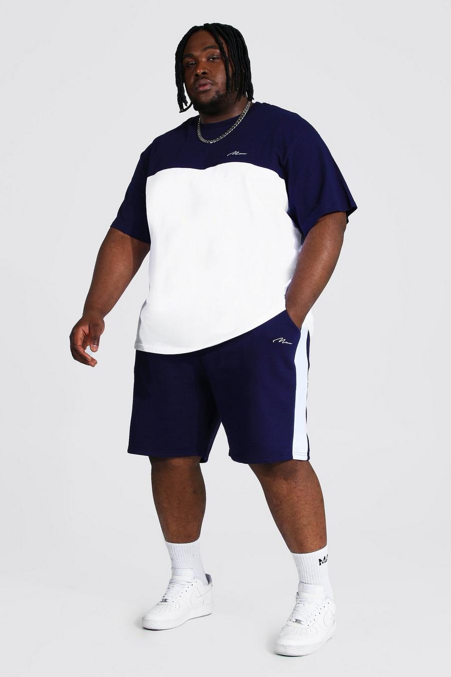 Plus Man Set mit T-Shirt und Shorts mit Colorblock, Marineblau image number 1