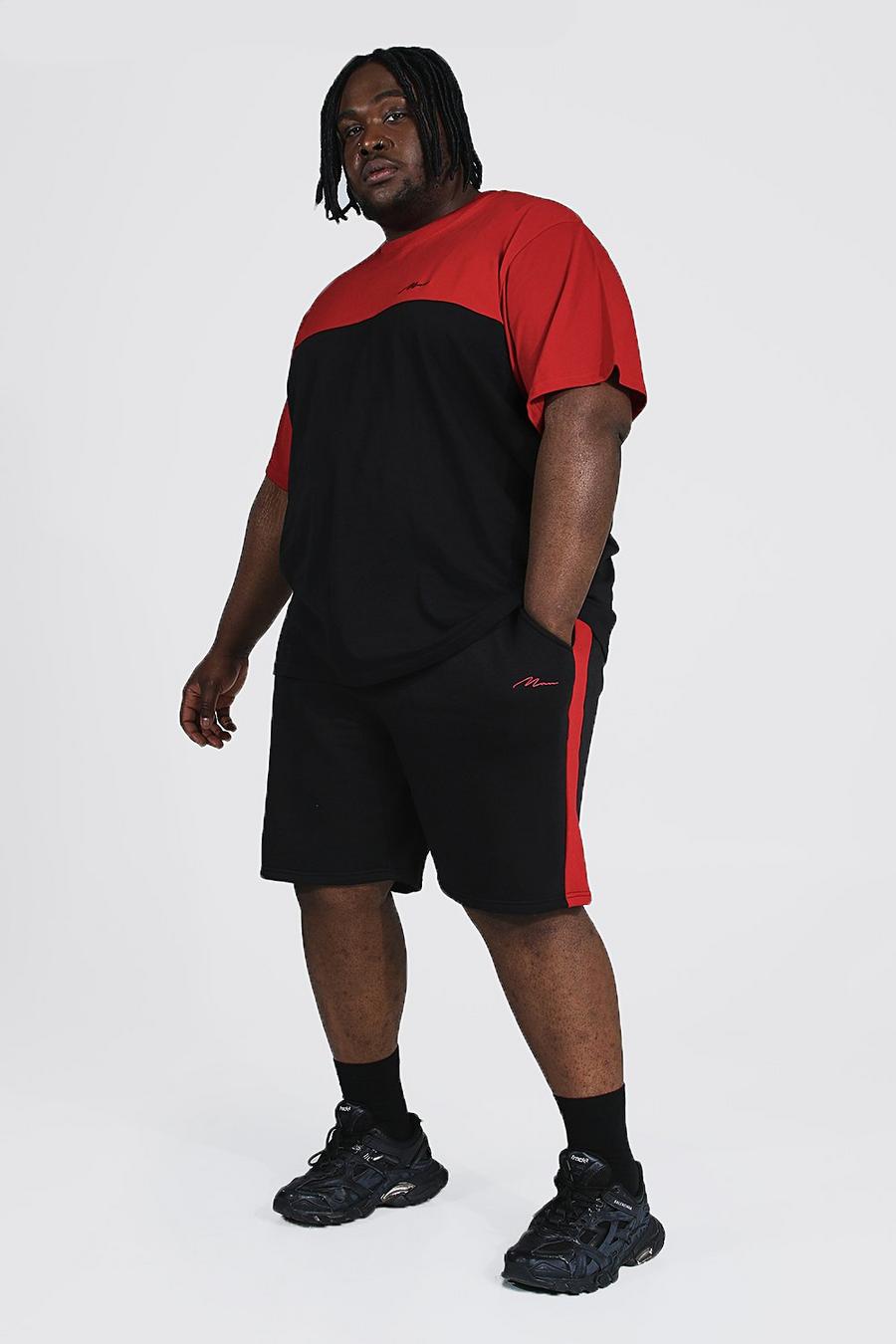 Plus Man Set mit T-Shirt und Shorts mit Colorblock, Rot image number 1