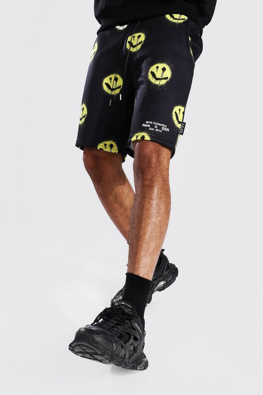 Black Man Regular Fit Jersey Graffiti Smiley Shorts image number 1