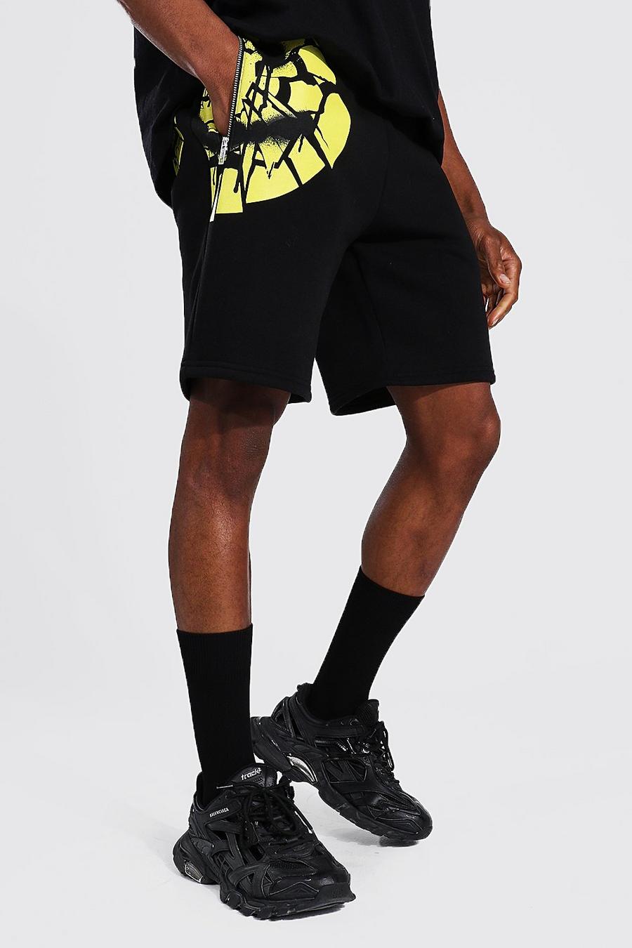 Black Man Regular Fit Jersey Gebarste Smiley Shorts image number 1