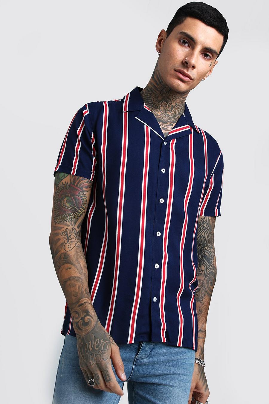 Vertical Stripe Short Sleeve Revere Viscose Shirt image number 1