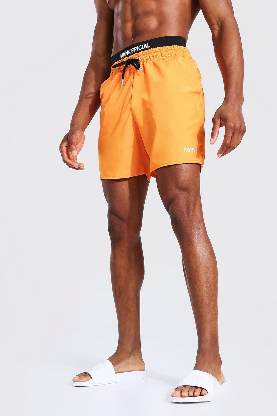 Man Waistband Mid Length Swim Short, Orange image number 1