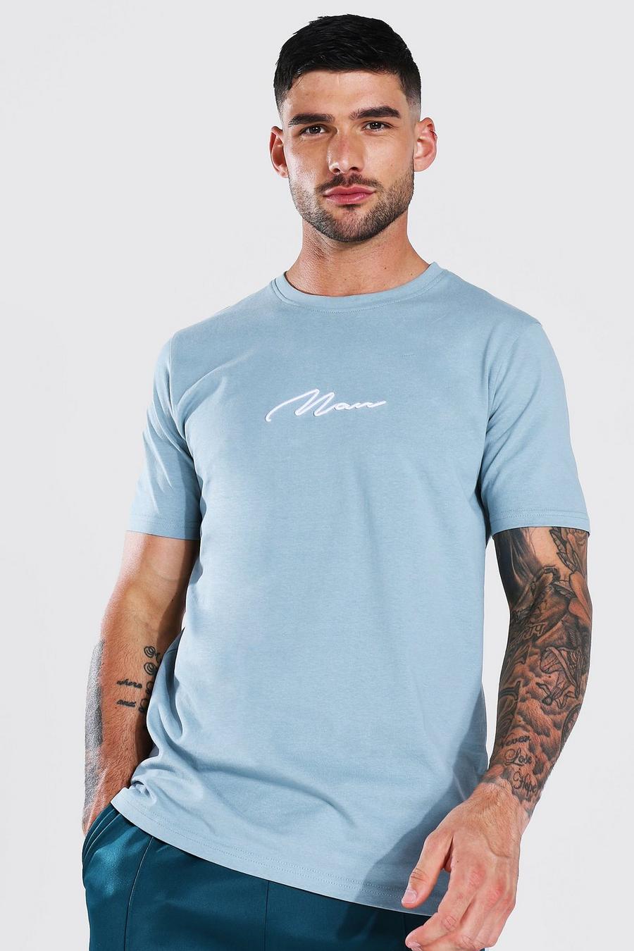 Dusty blue Man Signature Embroidered T-shirt image number 1