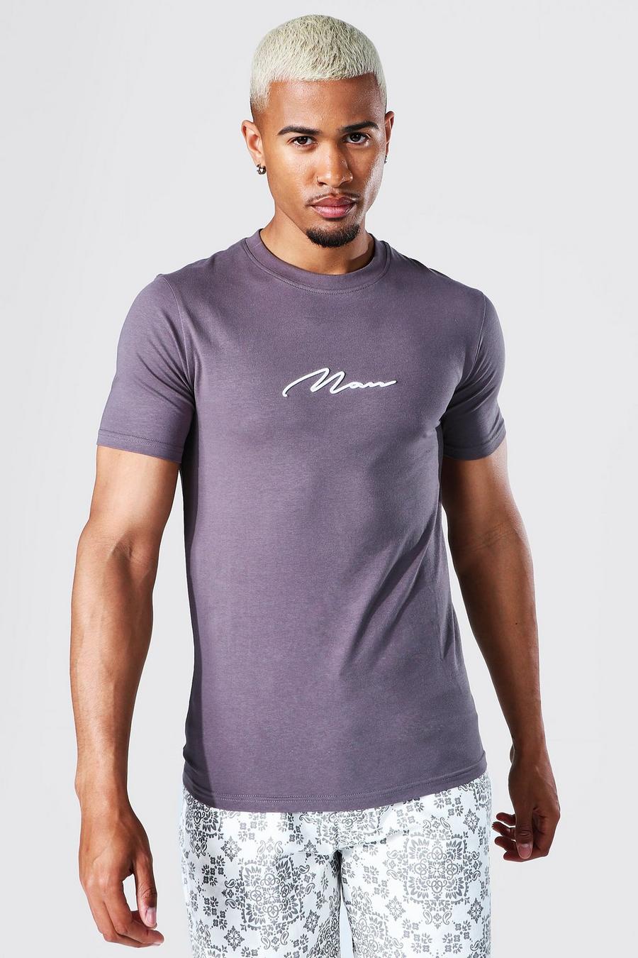 T-shirt près du corps avec logo brodé - Original Man, Charcoal image number 1