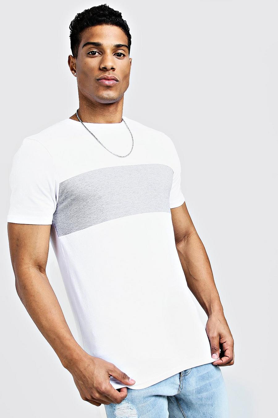 White Lång t-shirt med blockfärger och muscle fit image number 1
