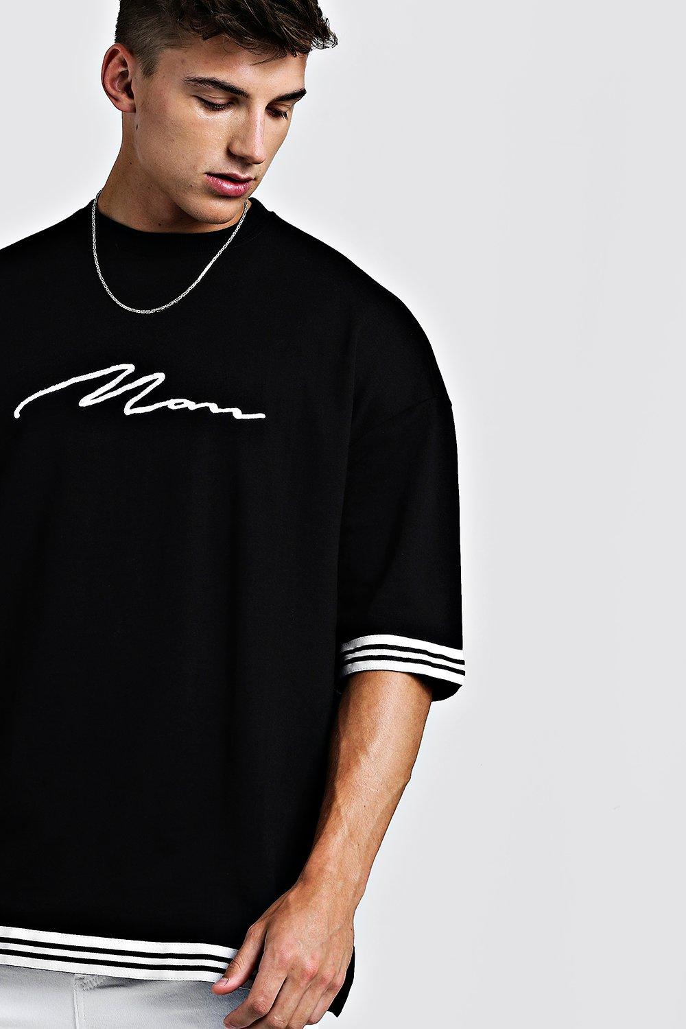 MAN Signature Oversized Drop Shoulder Tape T Shirt boohoo