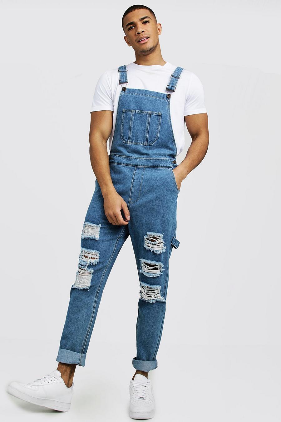Mid blue Slim Fit Denim Dungarees With Distressing image number 1
