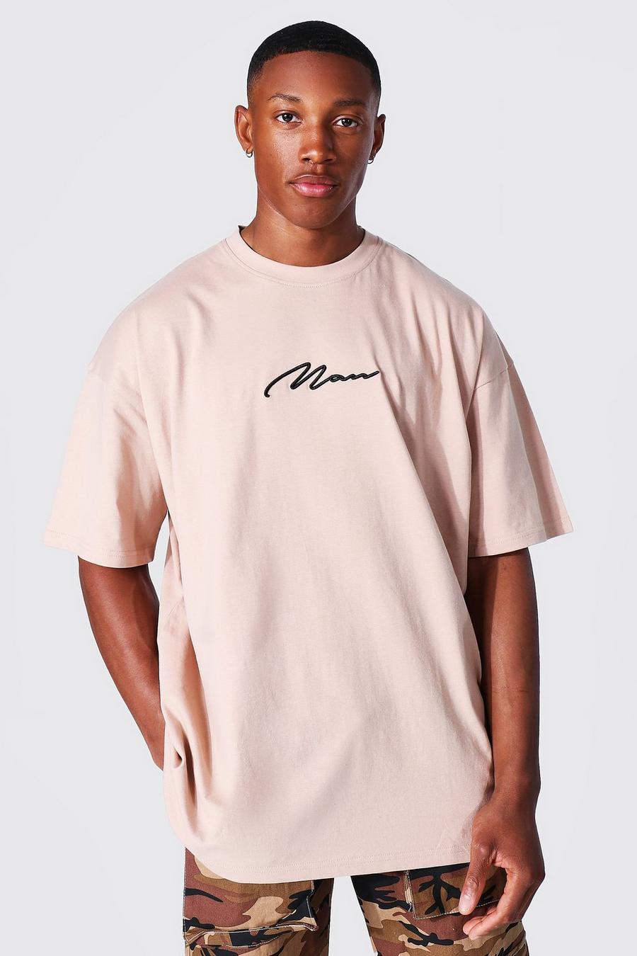 Taupe Oversized Man Signature Embroidered T-shirt image number 1