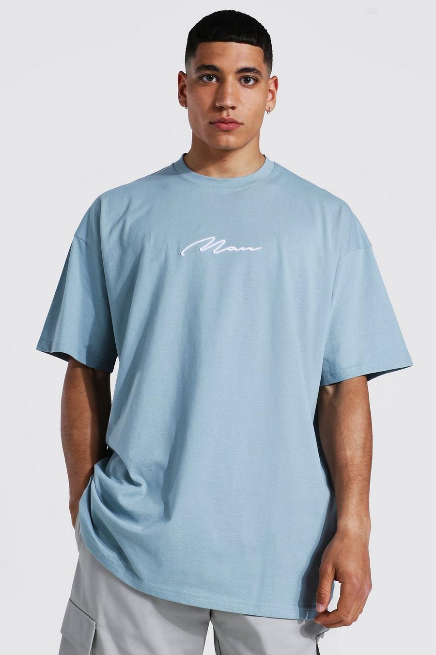 Dusty blue Oversized Man Signature Embroidered T-shirt image number 1