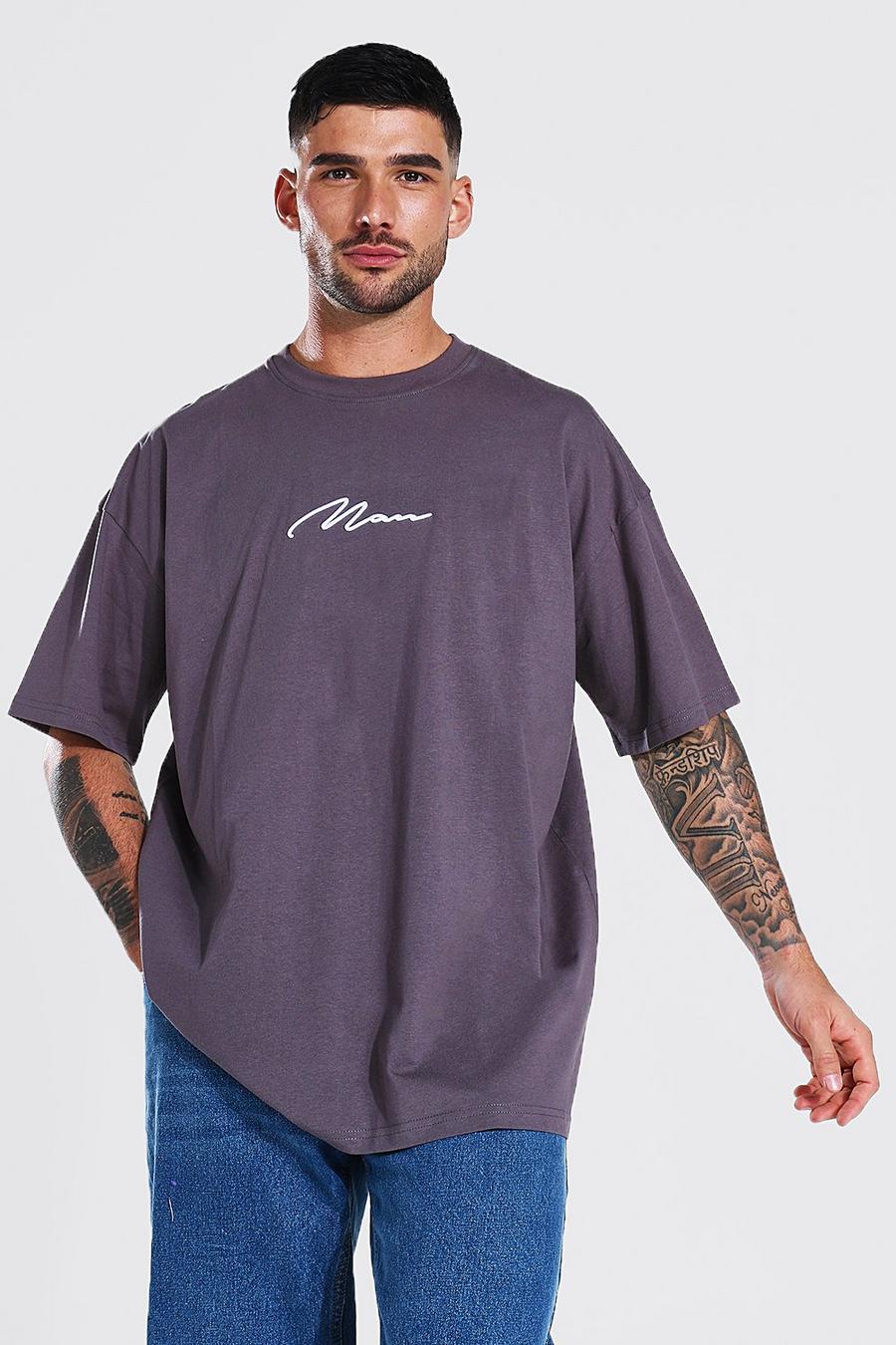 Charcoal Oversized Man Signature Embroidered T-shirt image number 1