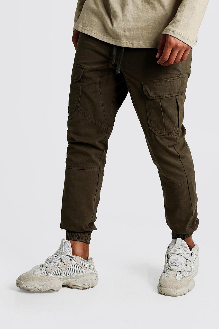 Khaki Cuffed Cargo Pants With Drawstring Waist image number 1