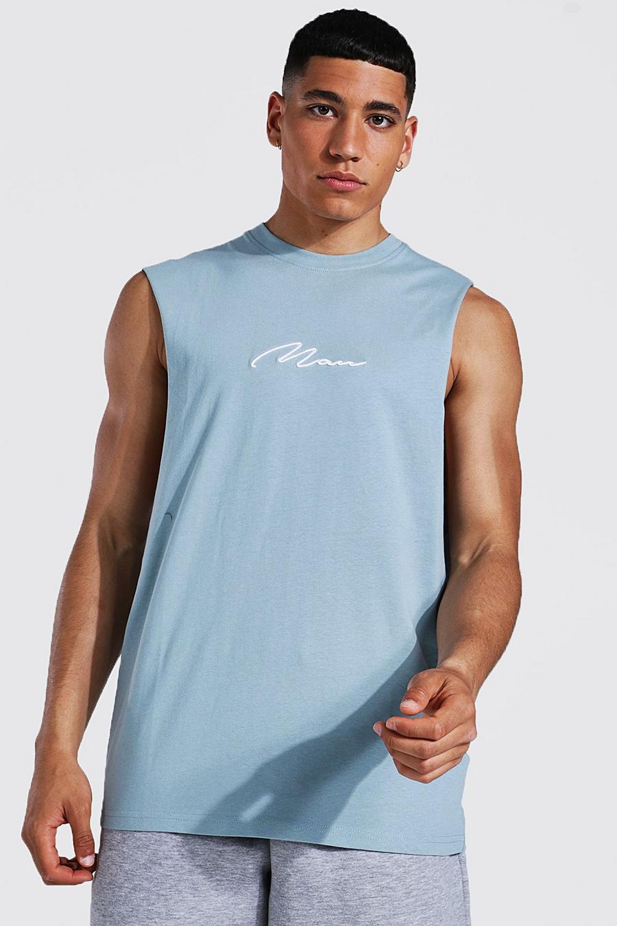 Dusty blue Man Signature Drop Armhole Embroidered Tank image number 1