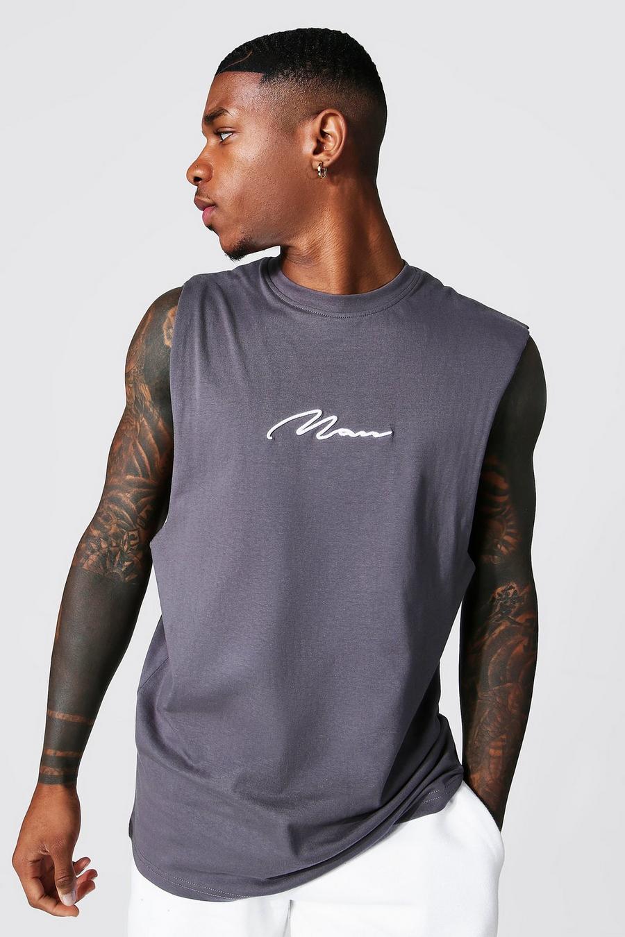 Charcoal Man Signature Drop Armhole Embroidered Tank image number 1