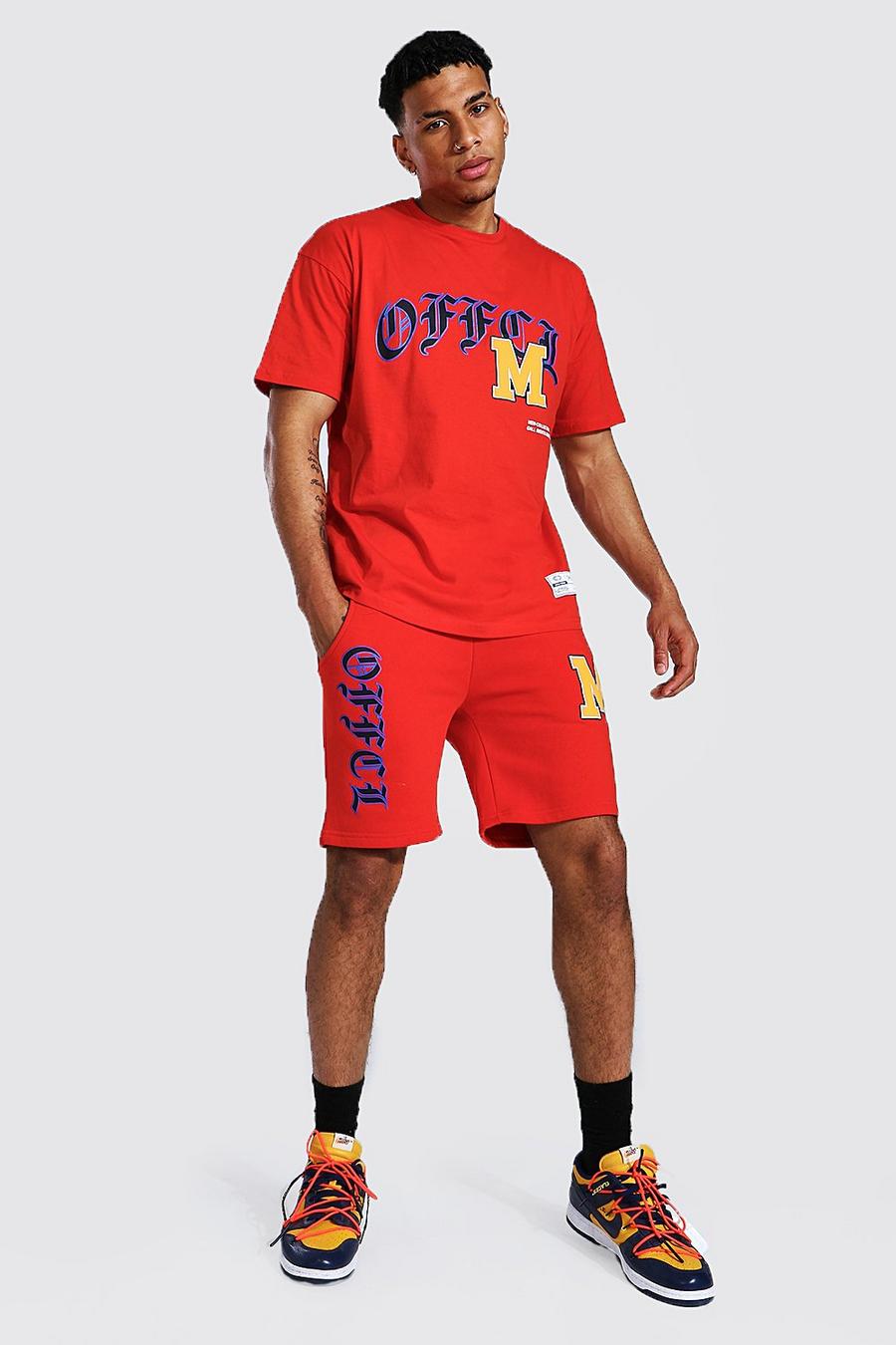 Red Official Oversize t-shirt och shorts i varsitystil image number 1