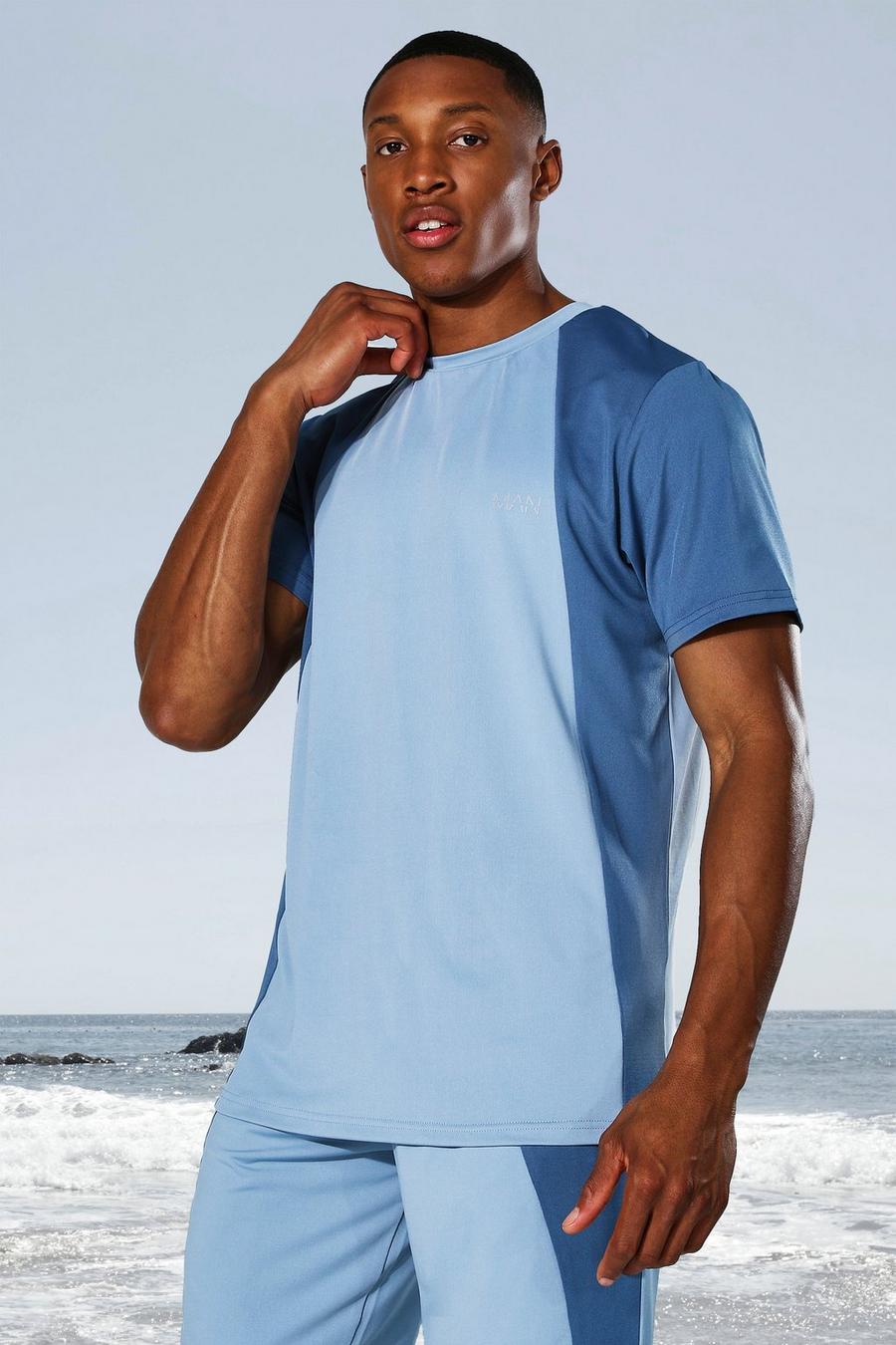 Man Active T-Shirt mit farblich passendem Colorblock, Taubenblau image number 1