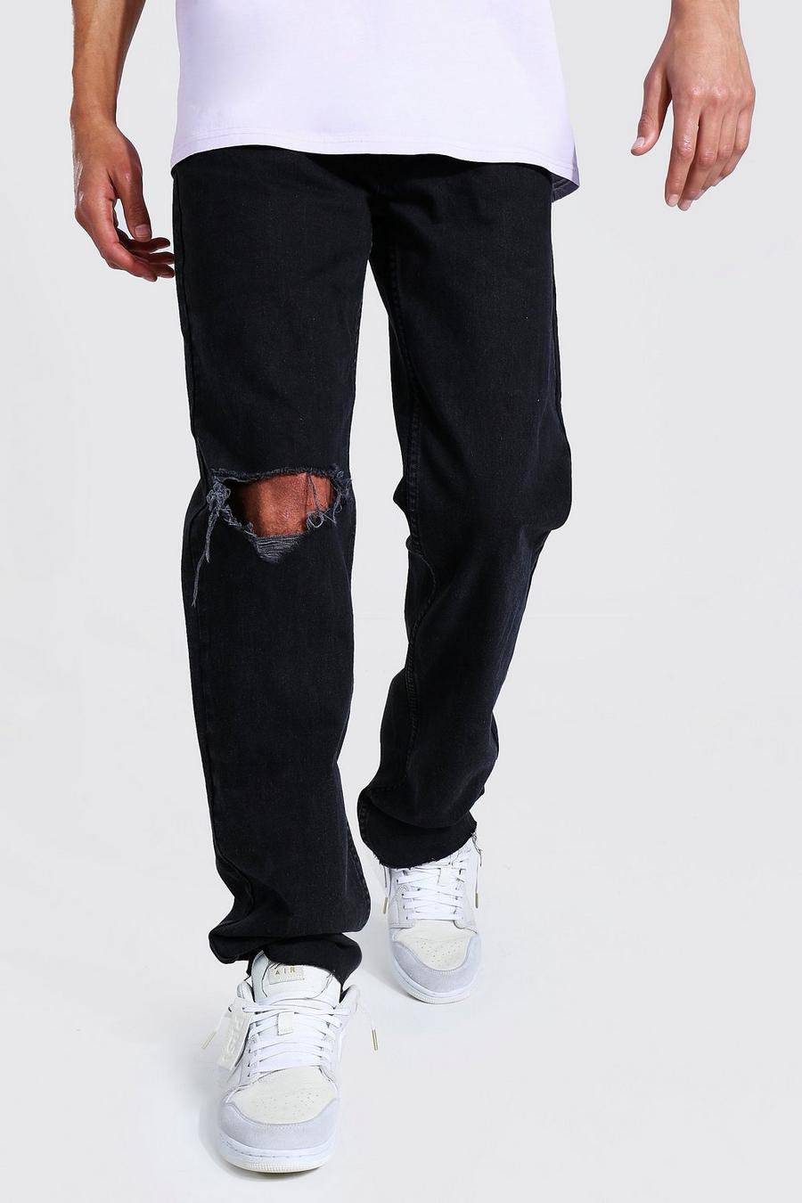 שחור ג'ינס בגזרה ישרה עם קרעים גדולים בברכיים לגברים גבוהים image number 1