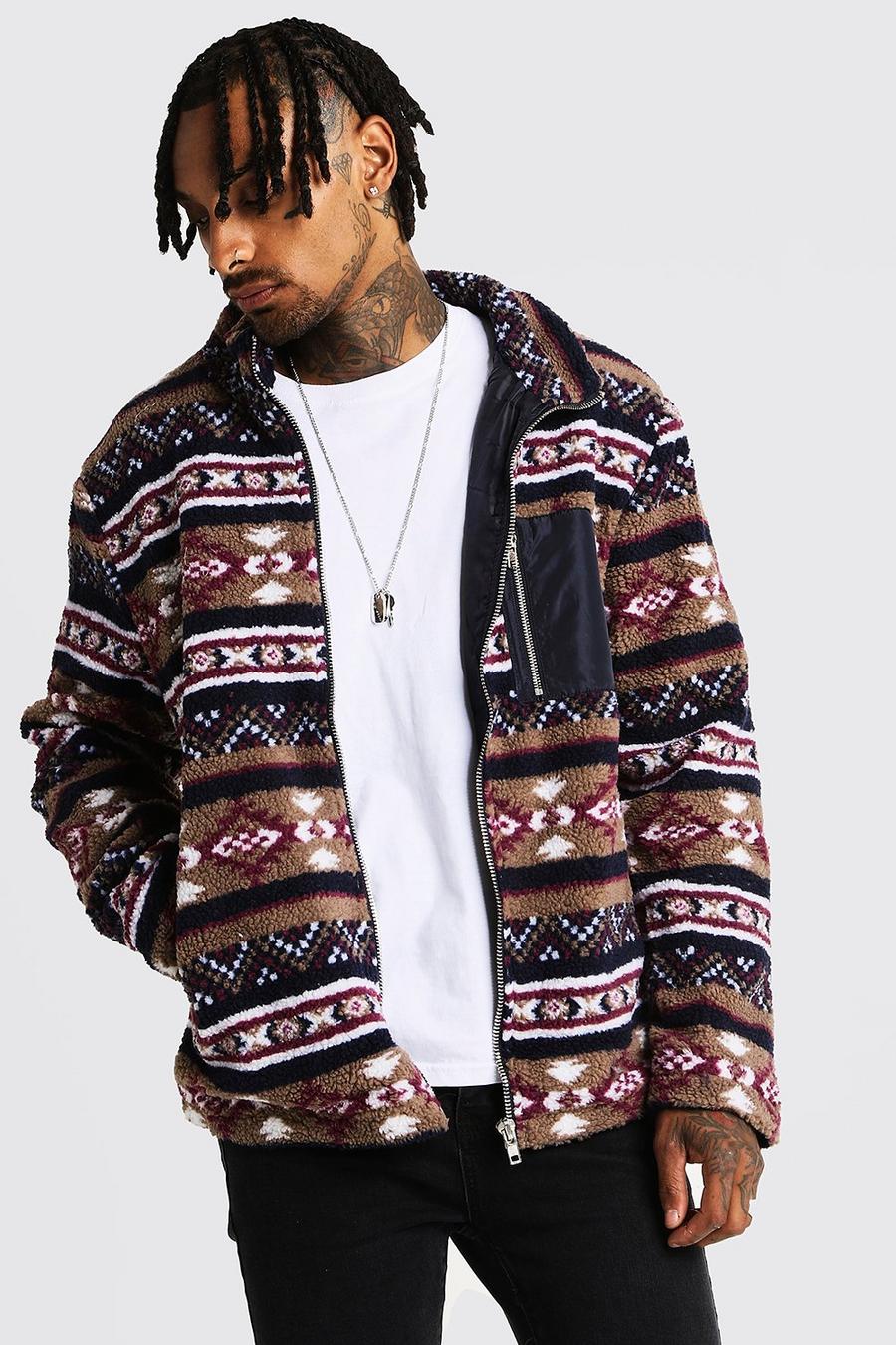 Jacke mit Borg-Kragen, Azteken-Muster und Kontrasttasche, Kamelhaarfarben image number 1
