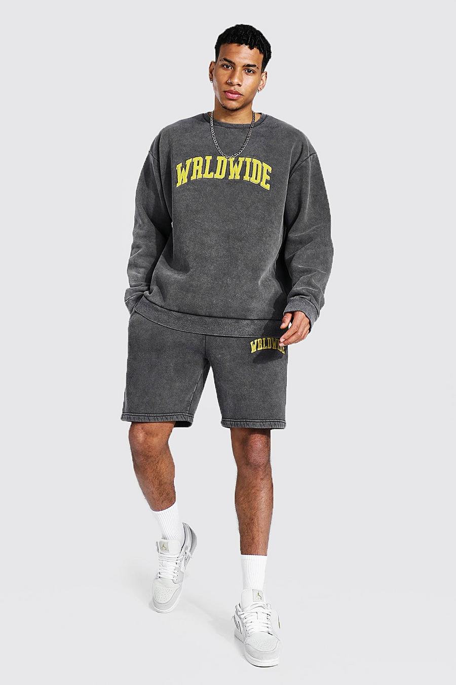 Oversize überfärbter Wrldwide kurzer Trainingsanzug, Charcoal image number 1