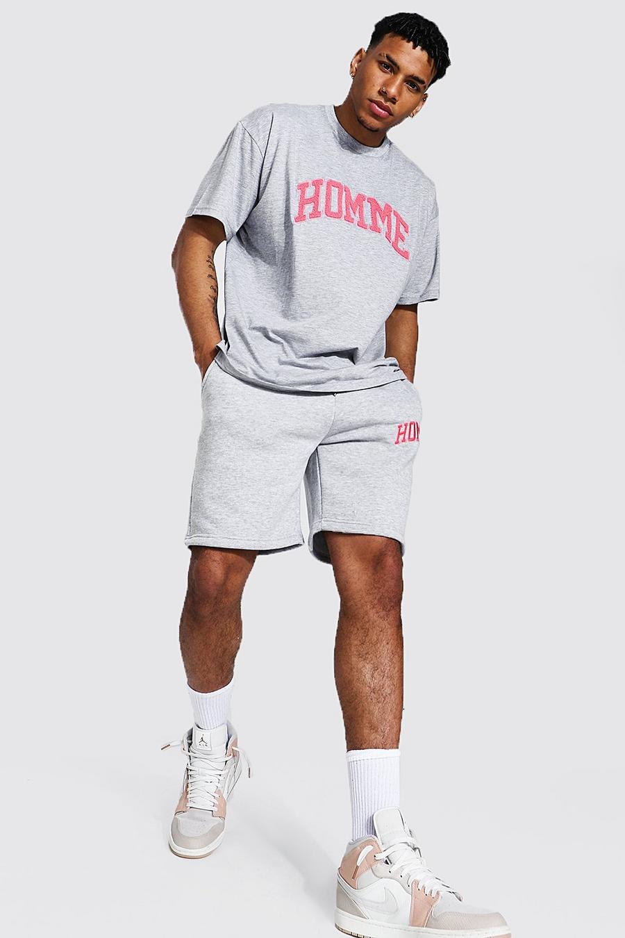 Grey marl Homme Oversize t-shirt och shorts image number 1