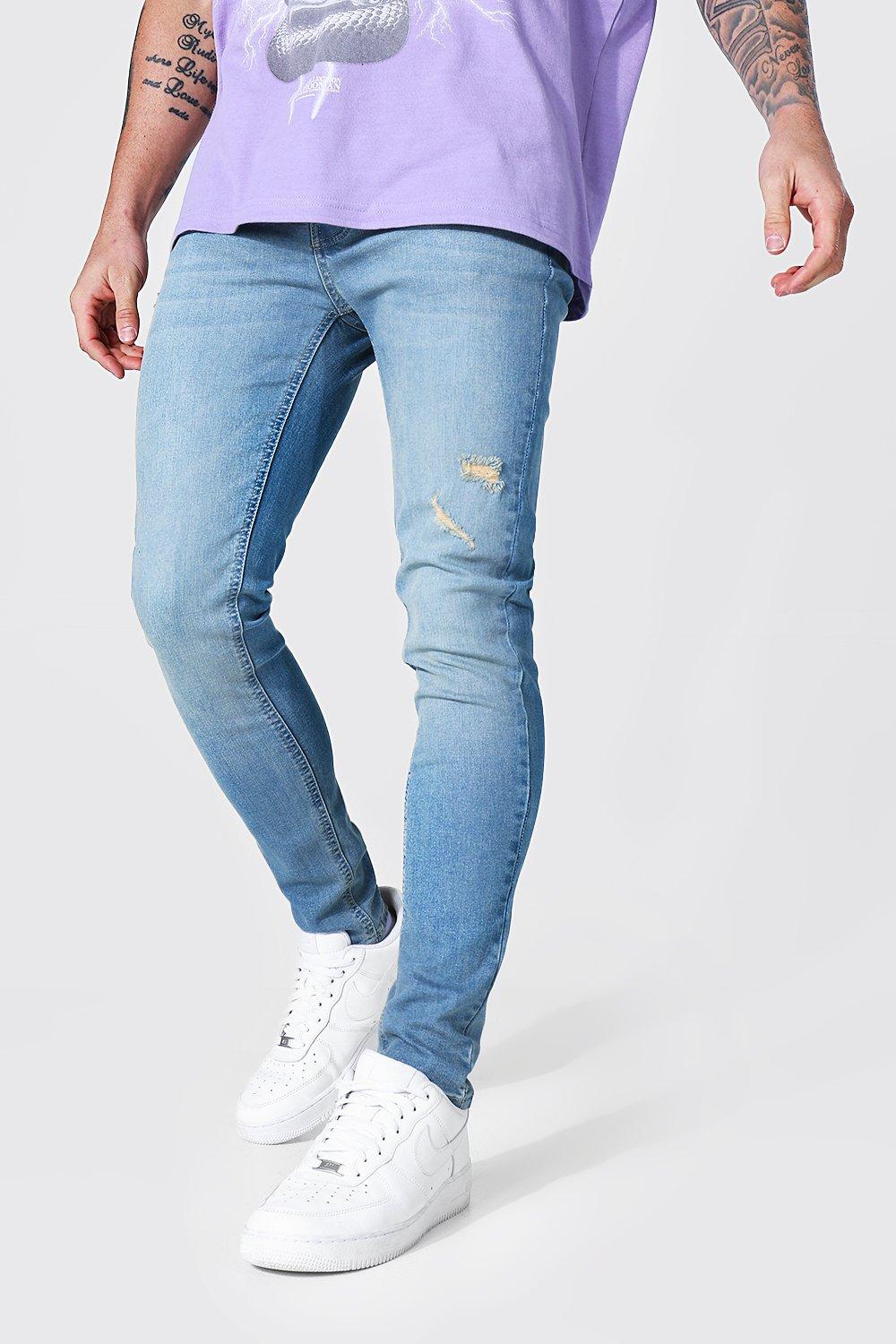 men contrast panel side ripped jeans