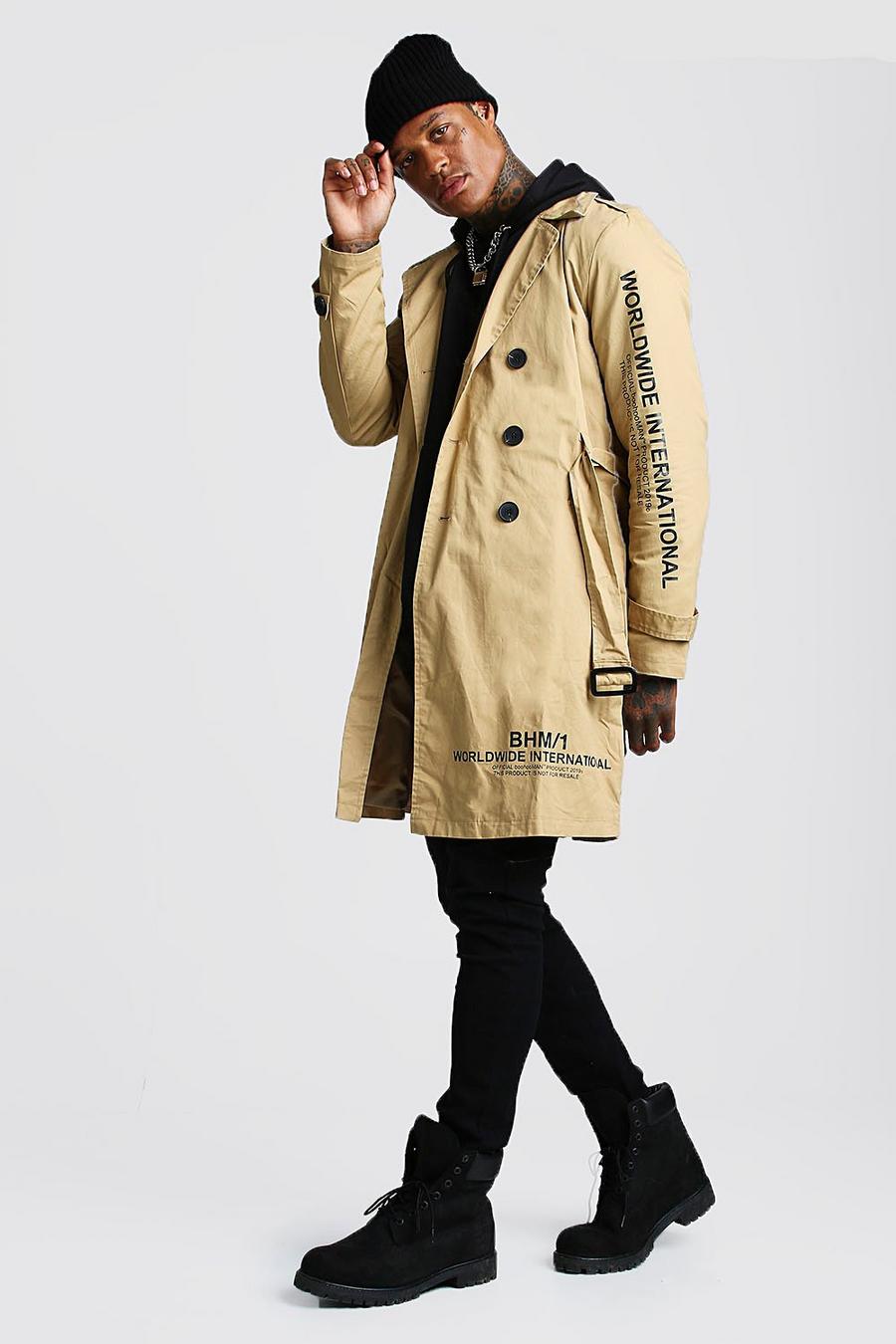 Camel Trench Coat With Print Detail image number 1