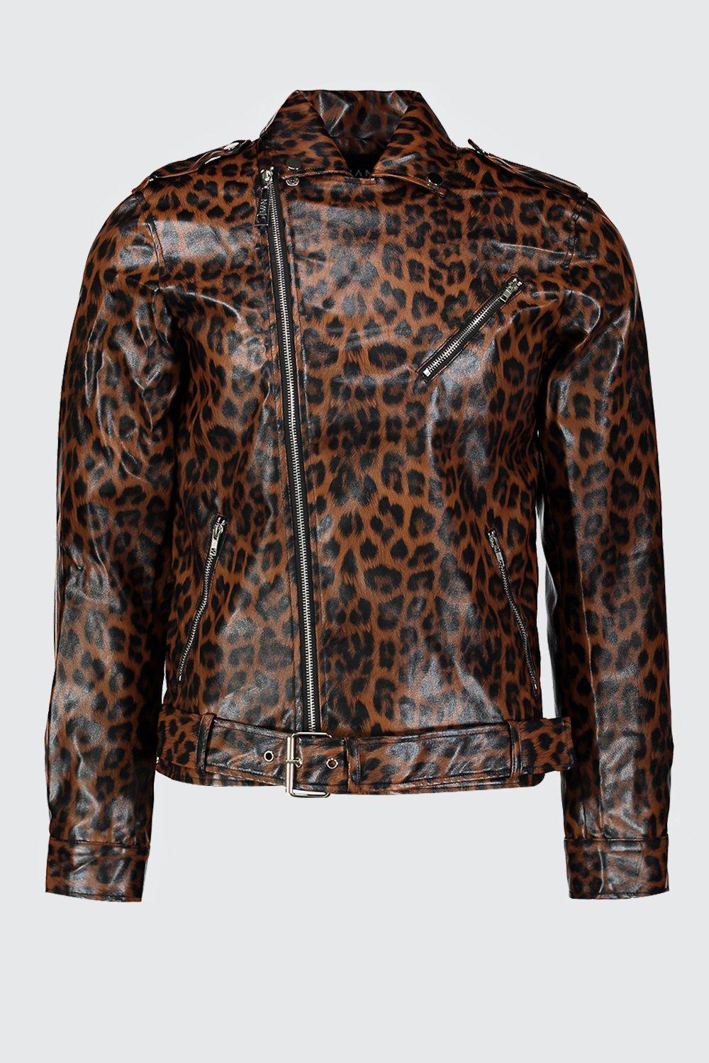 Women's distressed leather biker jacket with animal print