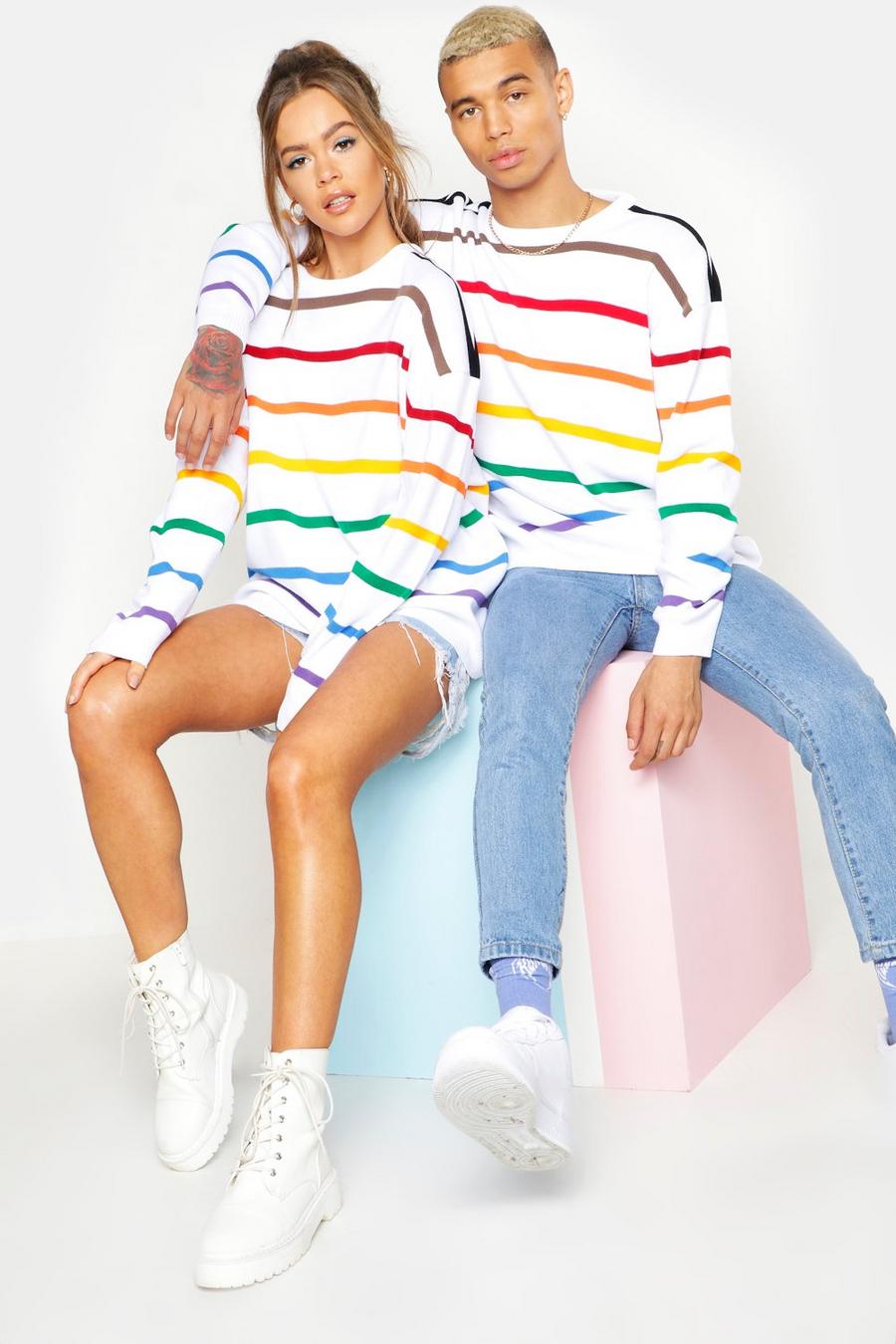White Pride Loose Fit Sweater With Rainbow Stripes image number 1