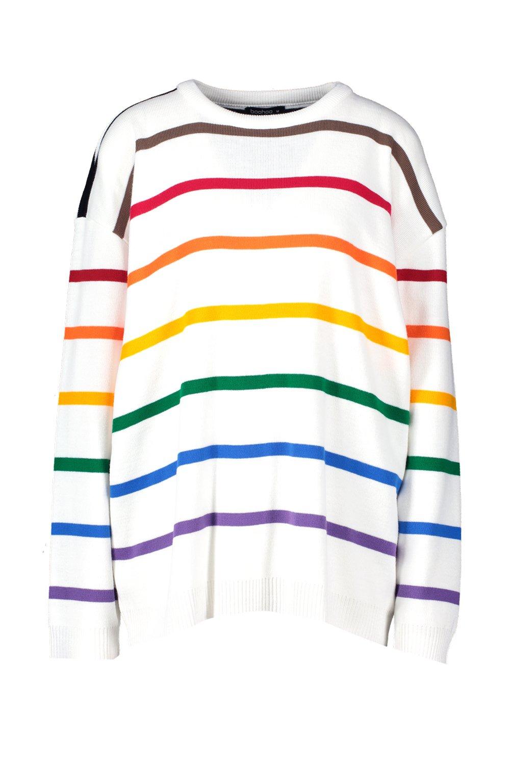 White sweater store with rainbow stripe