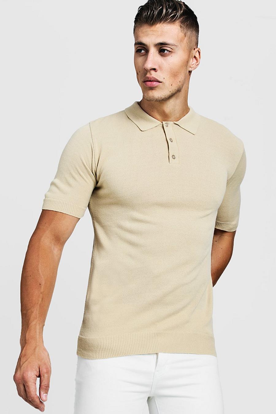 Camel Muscle Fit Short Sleeve Knitted Polo image number 1
